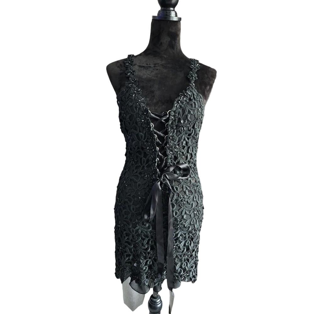 Claudia Arce Haute Couture M Black Lace Silk Sequins Sheer Beaded Dress